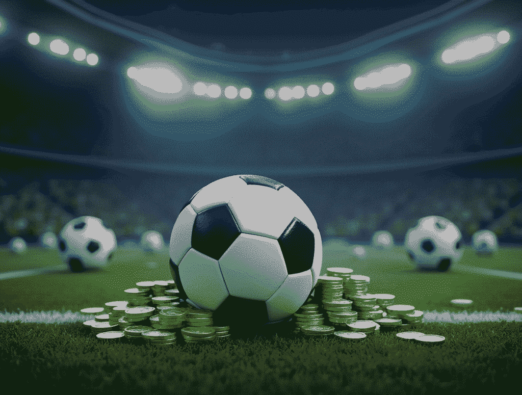 Soccer ball surrounded by gold coins on a stadium field, symbolizing sports betting and generous welcome bonuses from bookmakers.
