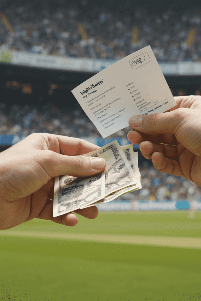 "Person holding betting slip and cash at a cricket stadium, representing online cricket betting in Ghana and South Africa."