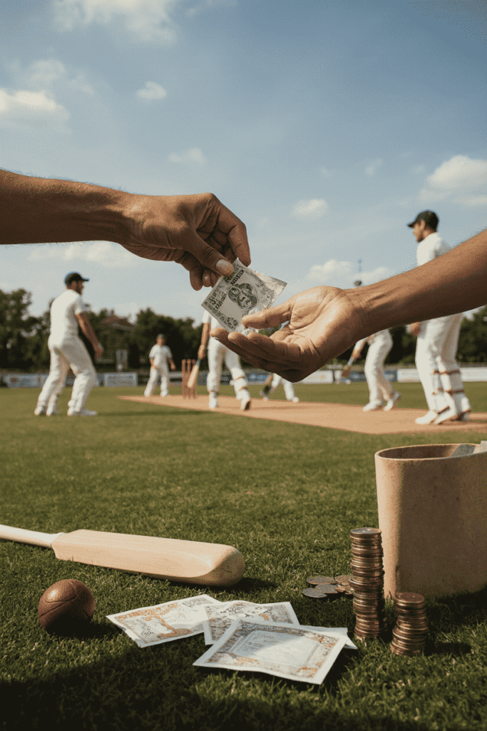 Hands exchanging cash for online cricket betting with smartphone screen showing live cricket match in a stadium.