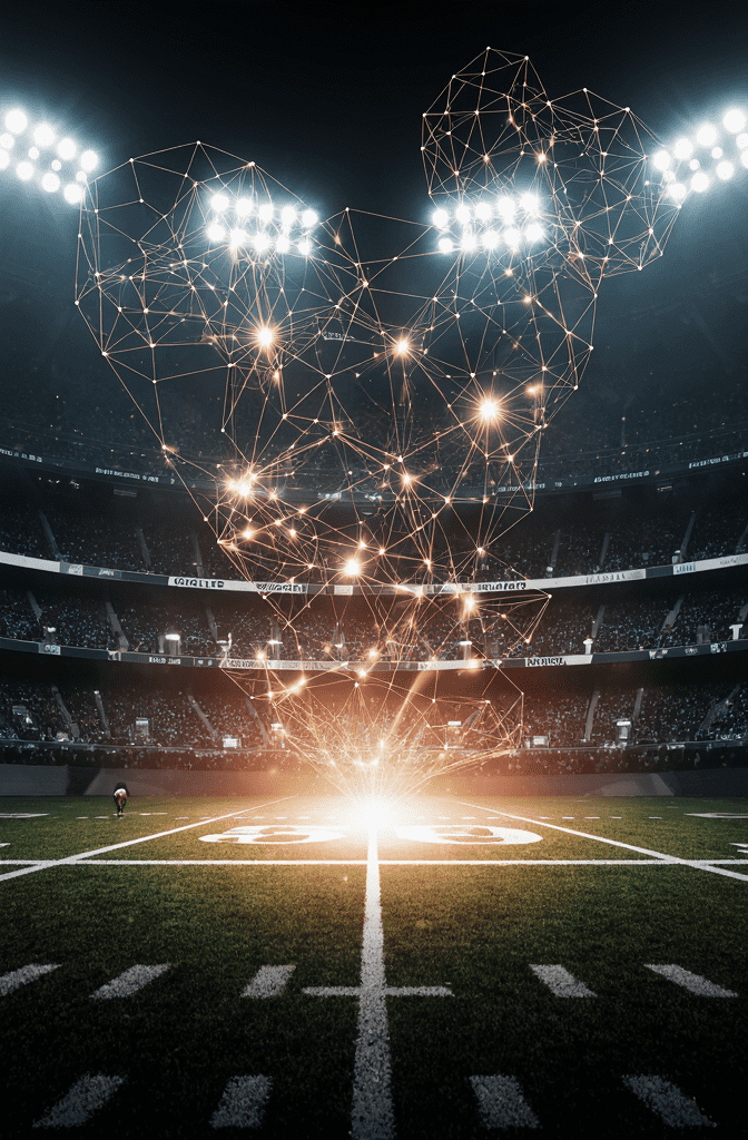 A football stadium at night, with a glowing, interconnected network forming a heart shape above the field, symbolizing the vast data infrastructure and emotional core that AI analyzes to inform sports betting strategies.