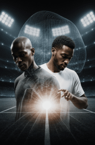 Two men, one appearing as a translucent data-driven wireframe figure with a glowing core and the other a natural person, stand against a backdrop of a football stadium. A large, interconnected wireframe sphere behind them suggests AI's role in simulating player data and predicting performance for sports betting.