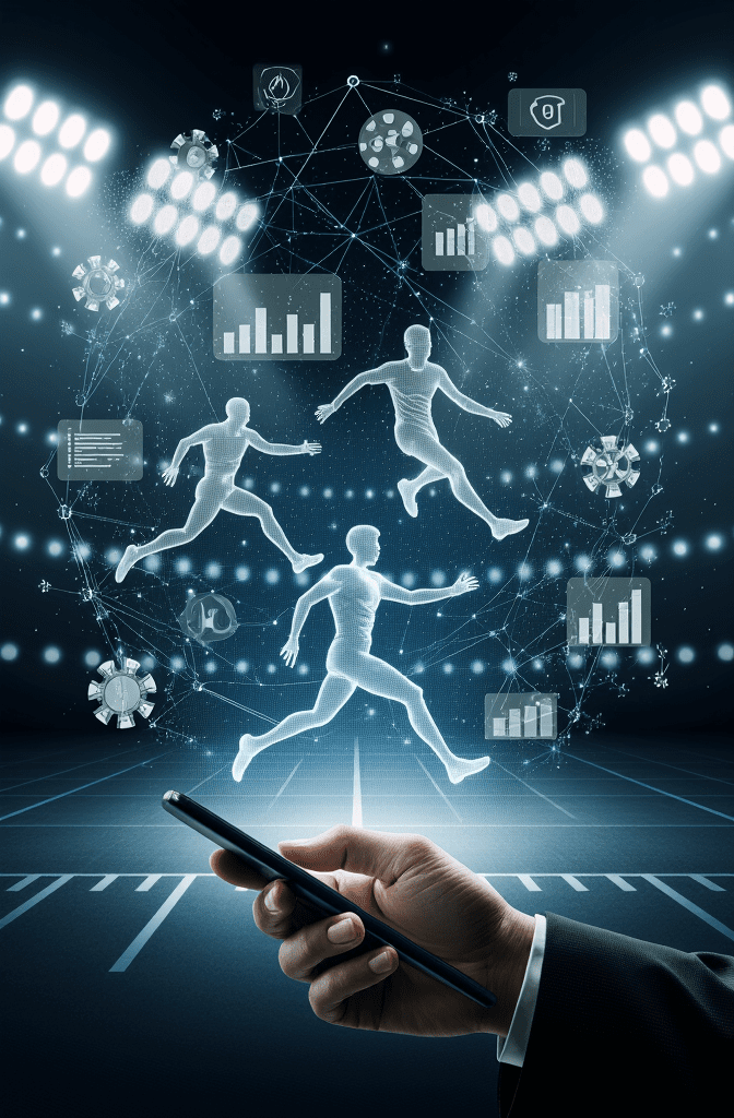 A hand holding a smartphone displaying betting odds and player statistics in a brightly lit football stadium. Translucent athlete figures and holographic data illustrate how AI tracks performance for informed sports betting decisions.