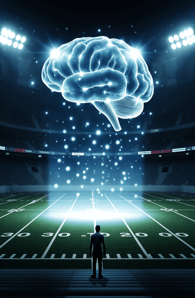 A man in a suit stands on a football field, observing a large, glowing blue holographic brain hovering above. This symbolizes AI's role as the intelligent engine processing vast sports data to generate sophisticated betting strategies and insights.