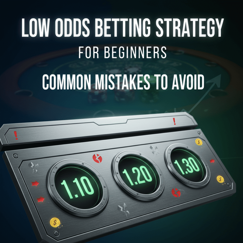Infographic on low odds betting strategy for beginners, highlighting common mistakes and key odds like 1.10 and 1.20